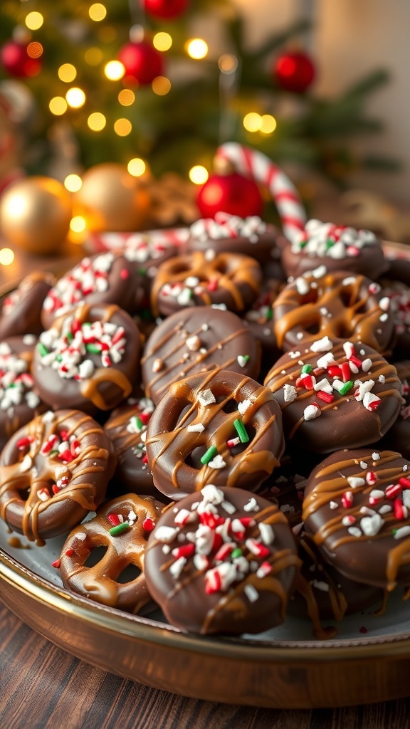 A colorful assortment of chocolate-covered pretzel treats decorated with sprinkles and candy canes on a festive platter.